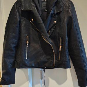 Faux Leather Blank NYC MOTO Jacket with Removable Hood